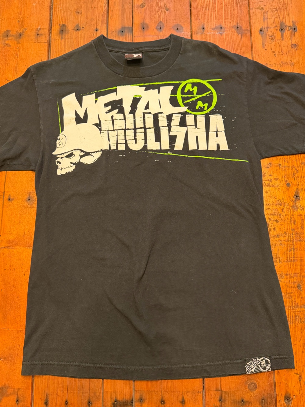 Metal Mulisha Black Tee with White Skull & Neon Green Logo